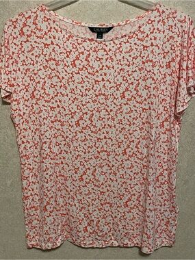 Lauren Ralph Lauren White and Coral Floral Short Sleeve Tee